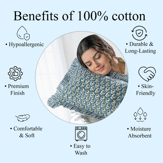 Woman sleeping with a patterned pillow, surrounded by text listing benefits of 100% cotton.