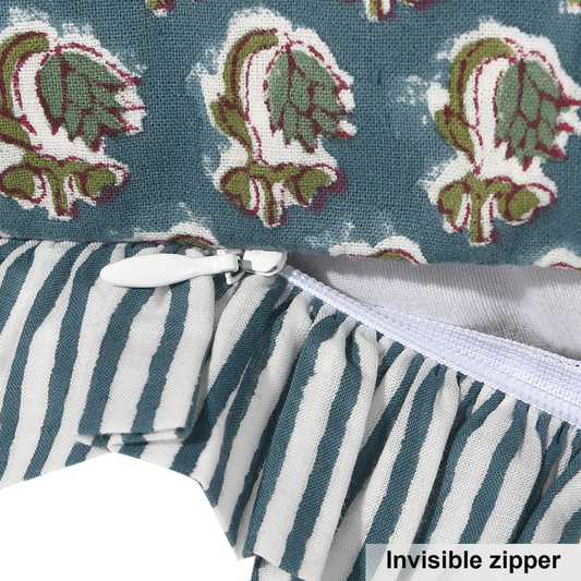 Close-up of a fabric with a floral pattern and a striped section with an invisible zipper.