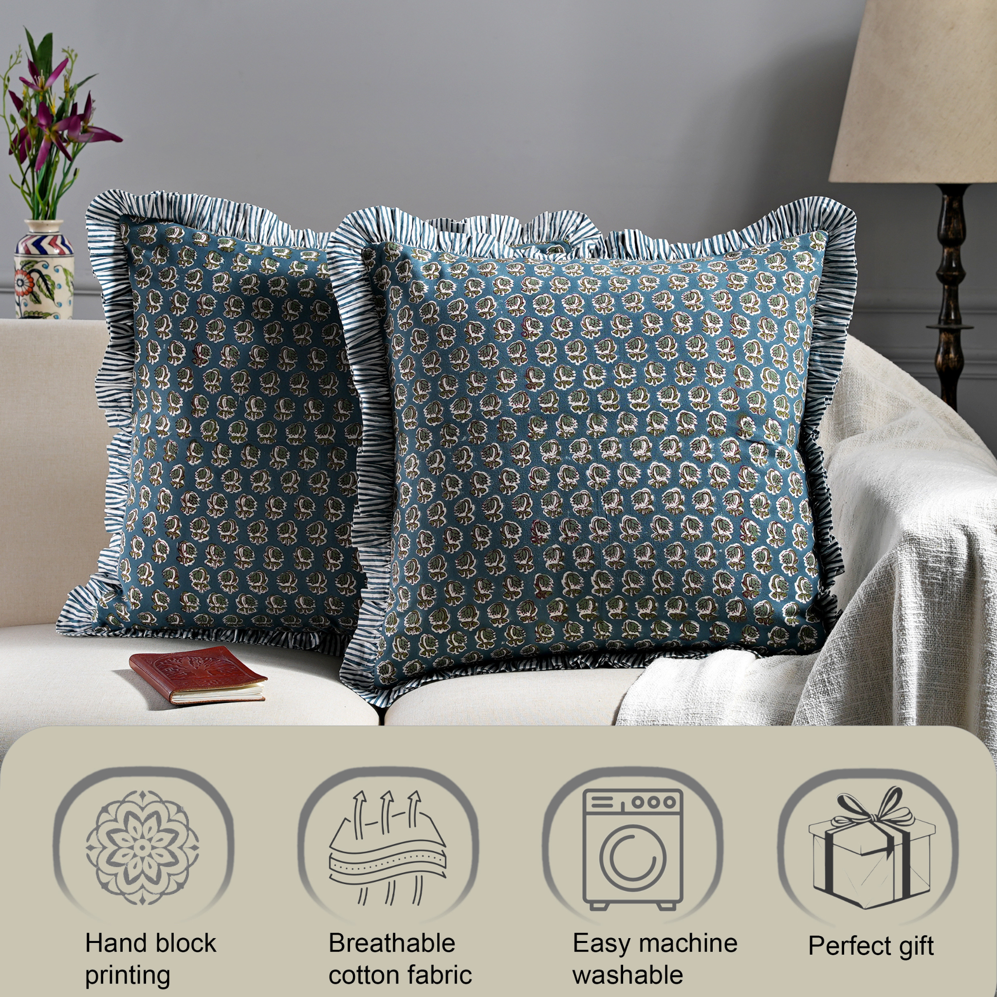 Decorative pillows with a pattern on a sofa, featuring icons and text about product features.