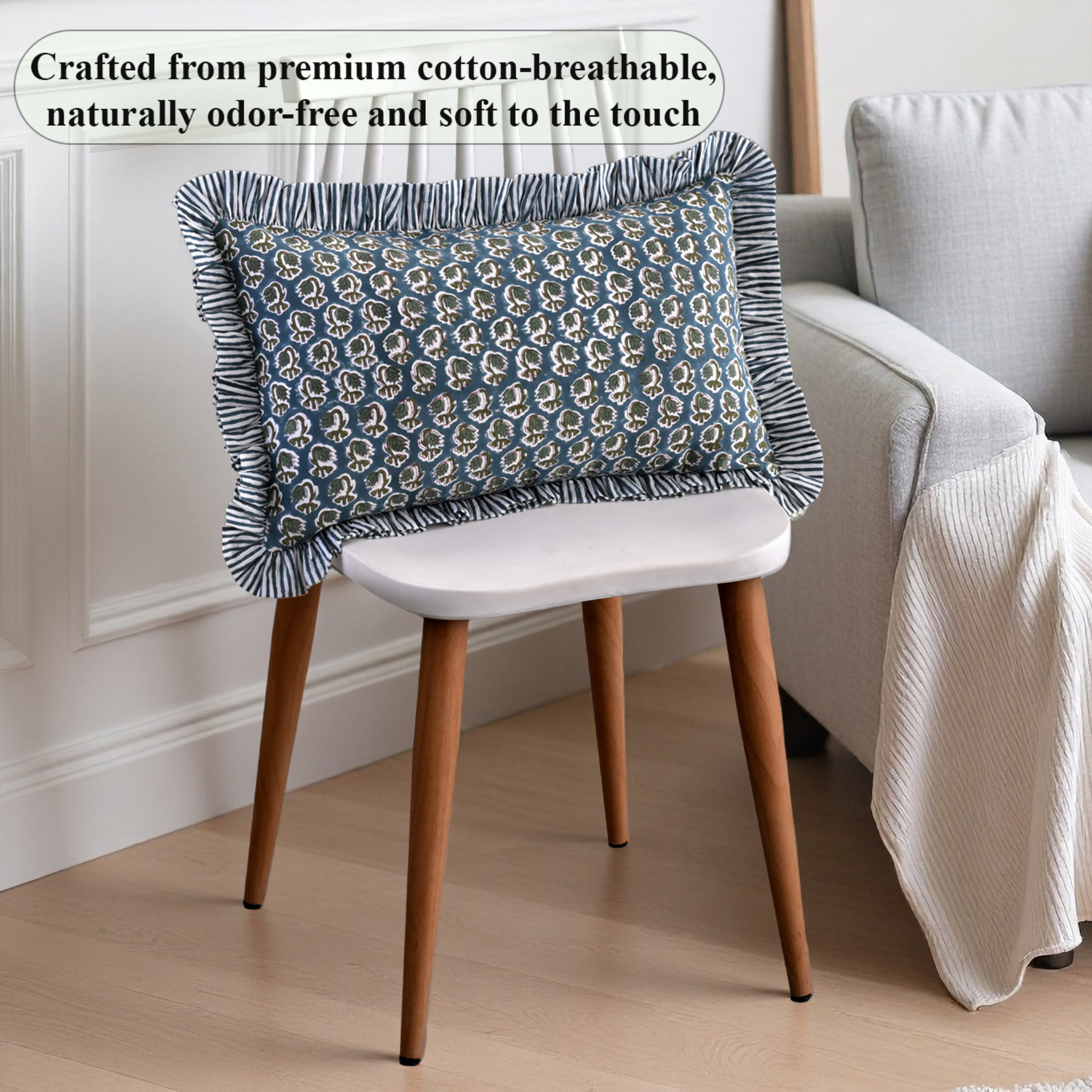 Decorative pillow on a chair with text about material properties