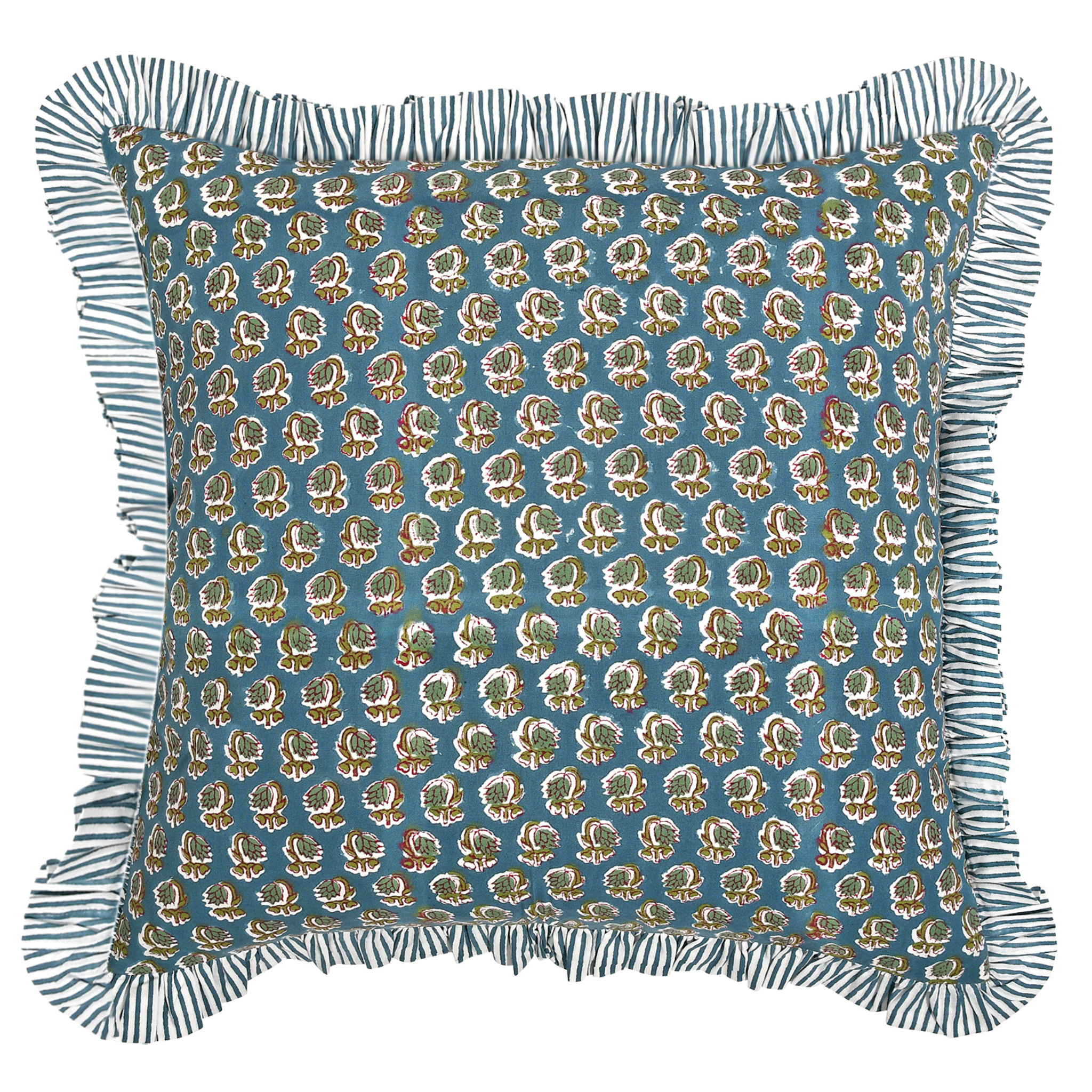 Decorative pillow with floral pattern and ruffled edge on a white background