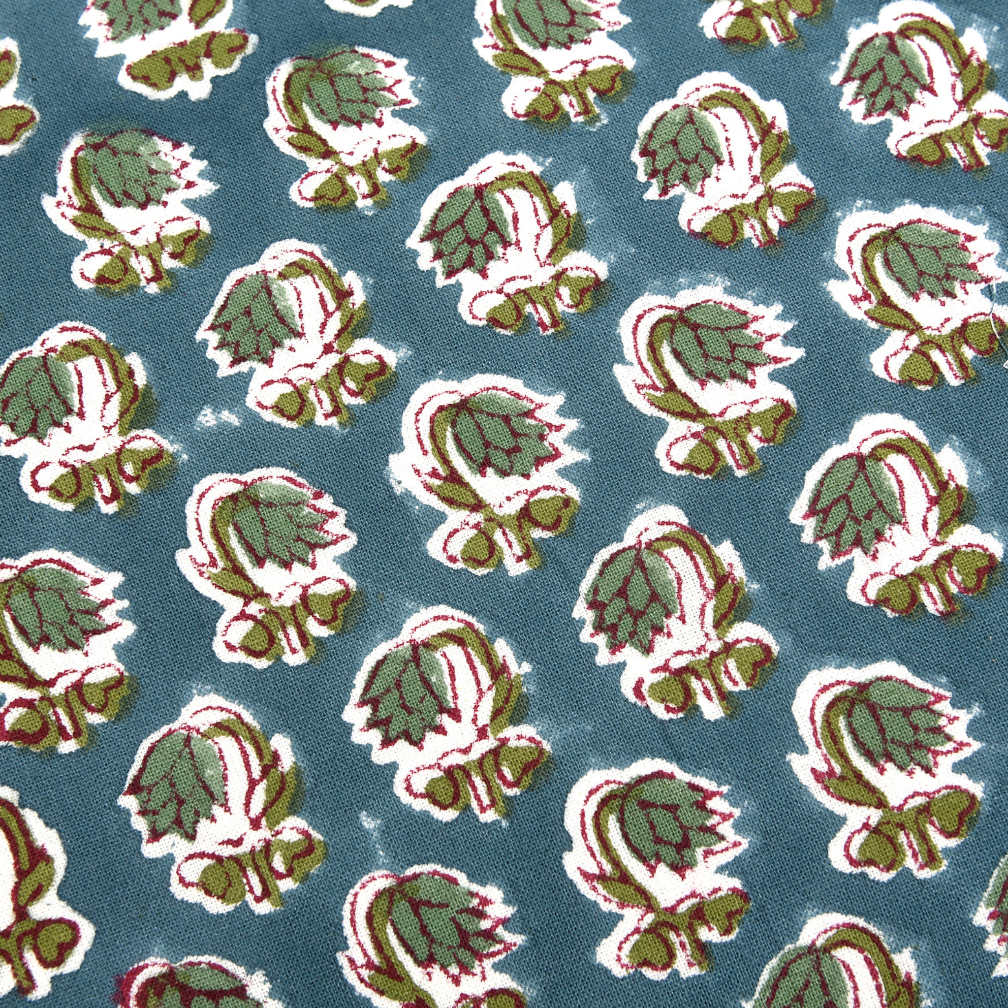 Blue floral Indian hand block print cotton fabric pattern close-up.