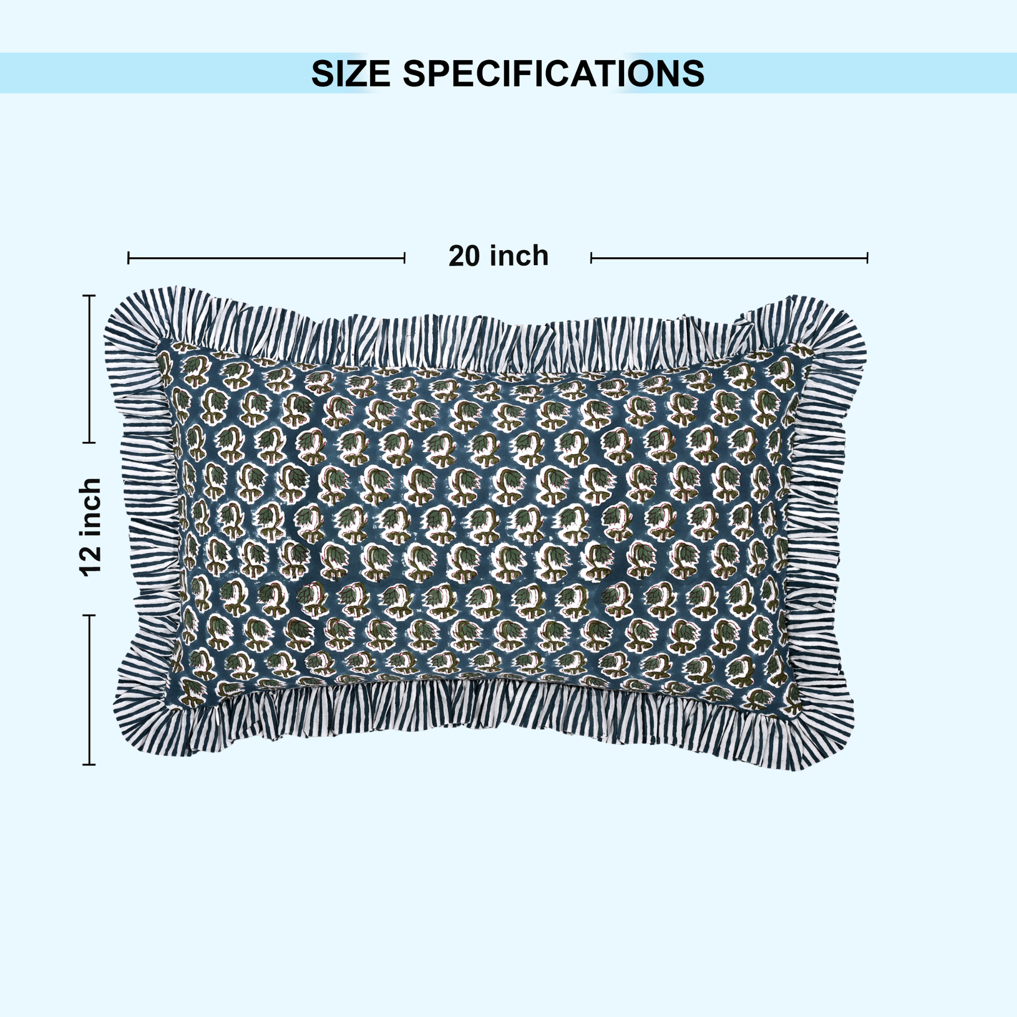 Rectangular pillow with decorative pattern and fringe, shown with size specifications on a light blue background.