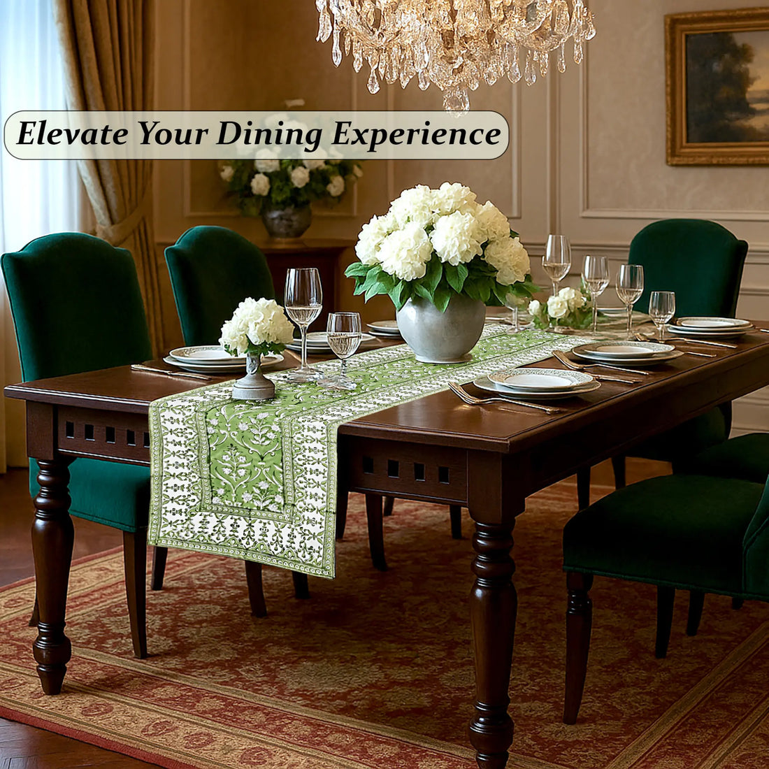 Dining room with a table set for dinner, green chairs, and decorative elements.