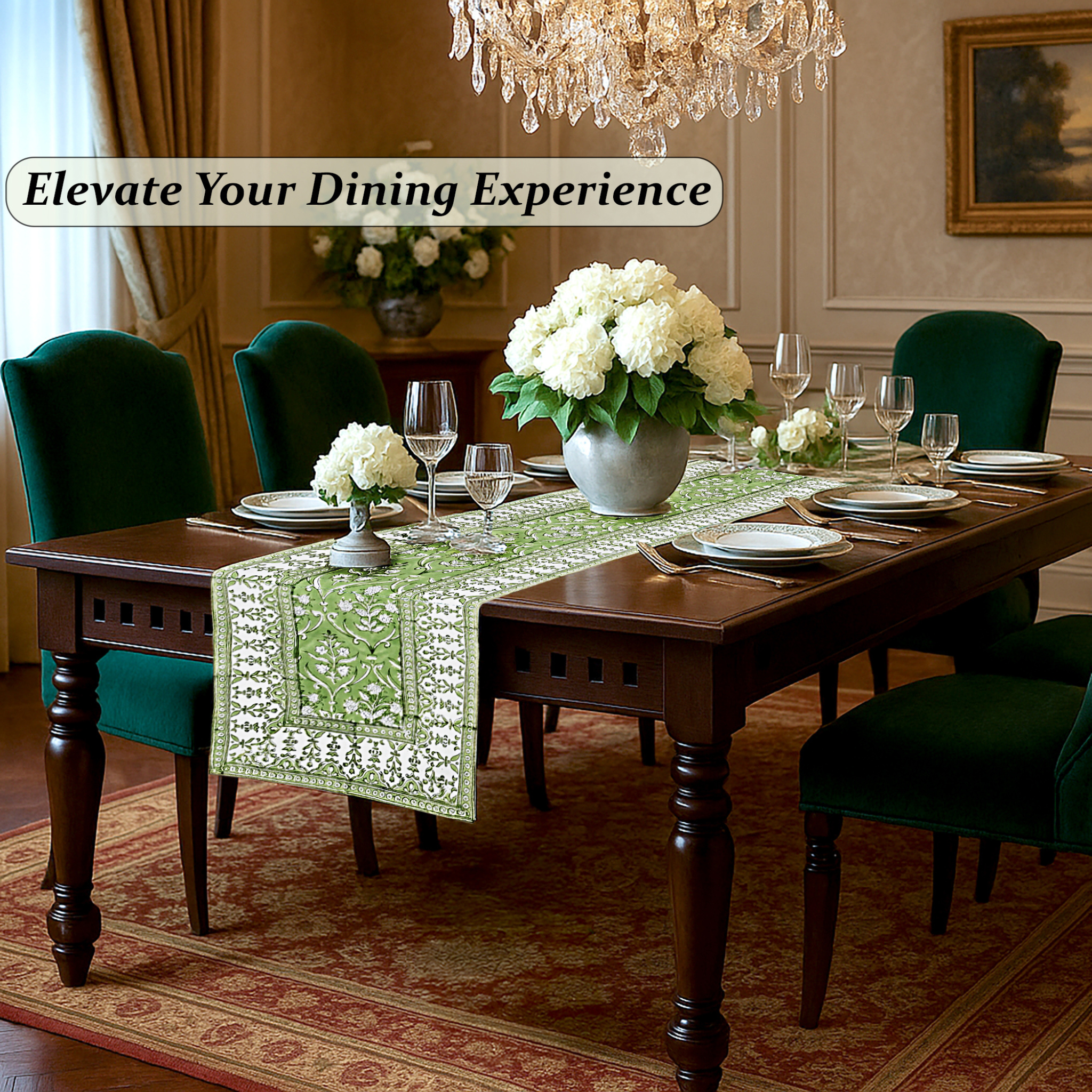 Dining room with a table set for dinner, green chairs, and decorative elements.