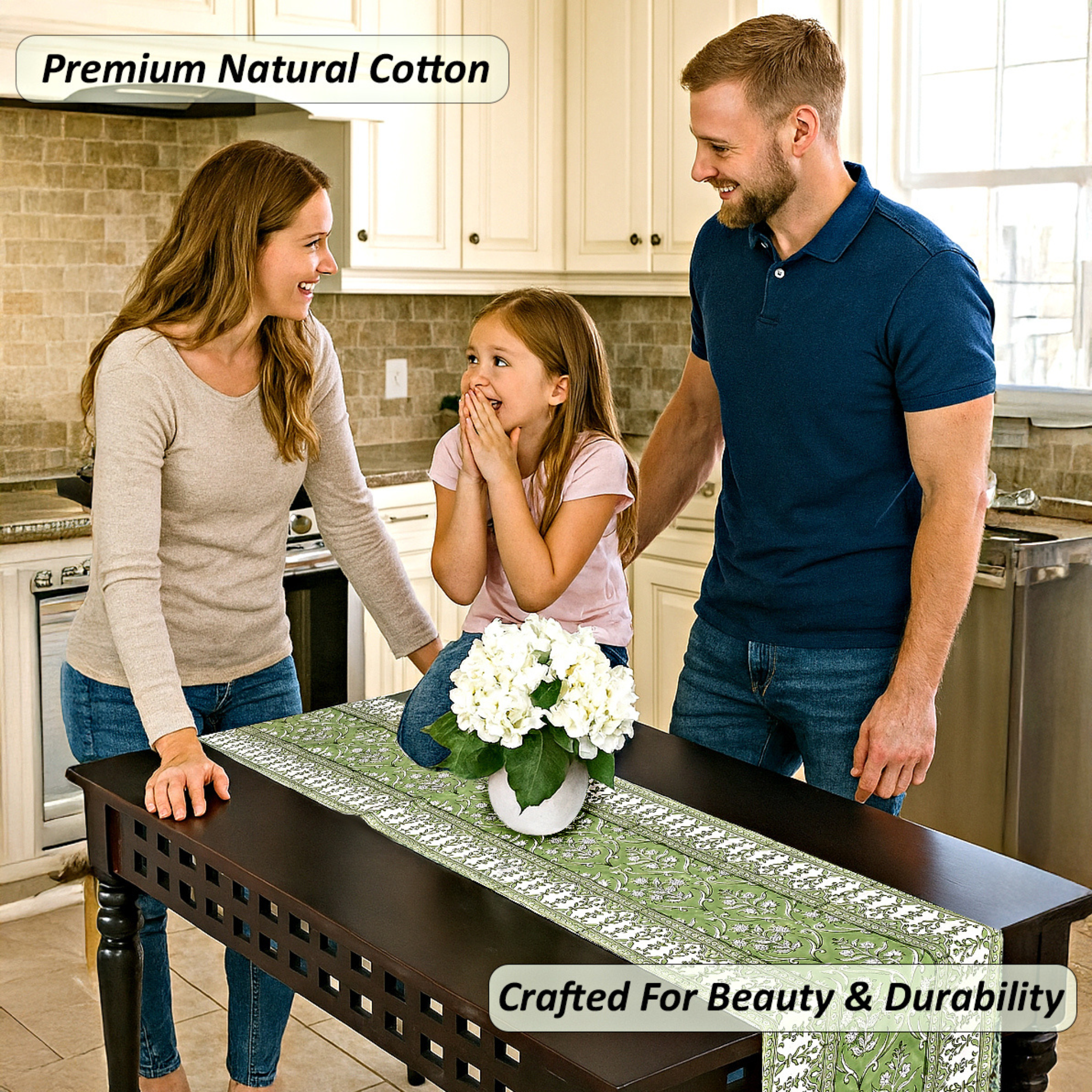 Family in a kitchen with a table runner, emphasizing premium natural cotton and durability.