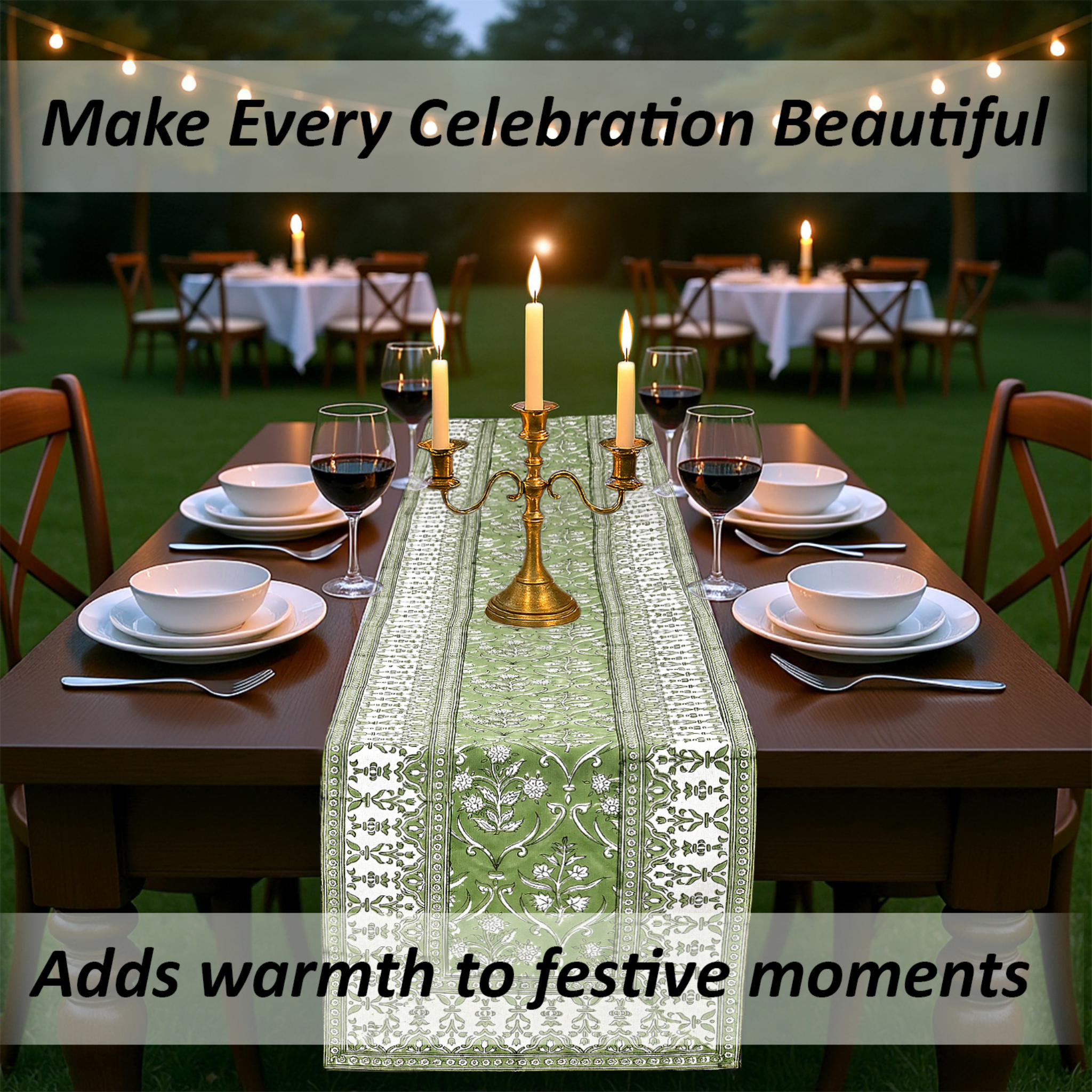Dining table set for a celebration with candles and a green runner, text overlay about making celebrations beautiful.