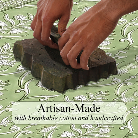 Hands using a textured tool on a green fabric background with 'Artisan-Made' text.