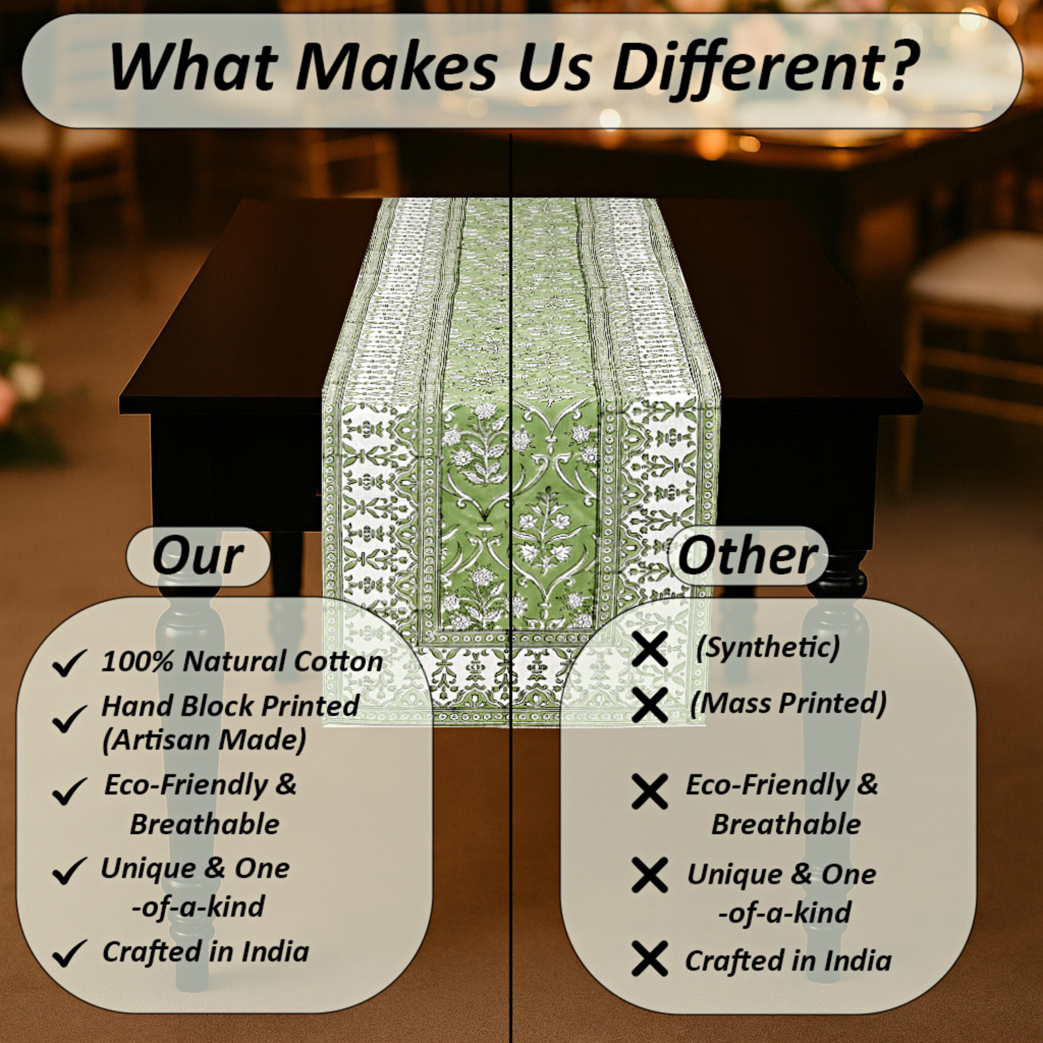 Comparison chart highlighting the differences between 100% natural cotton tablecloth and synthetic alternatives.