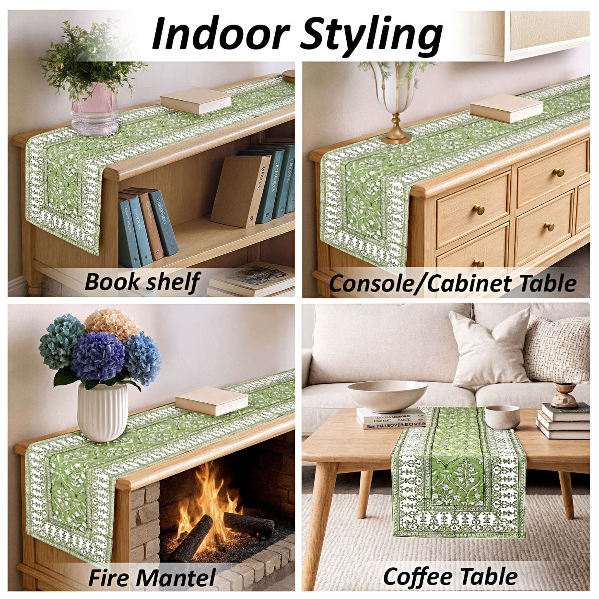Green patterned table runner displayed on various furniture items including a bookshelf, console cabinet, fire mantel, and coffee table.