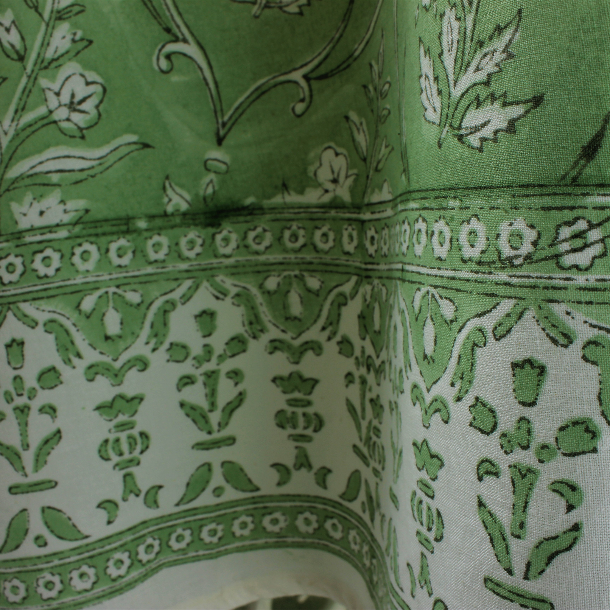 Close-up of green fabric with white floral patterns