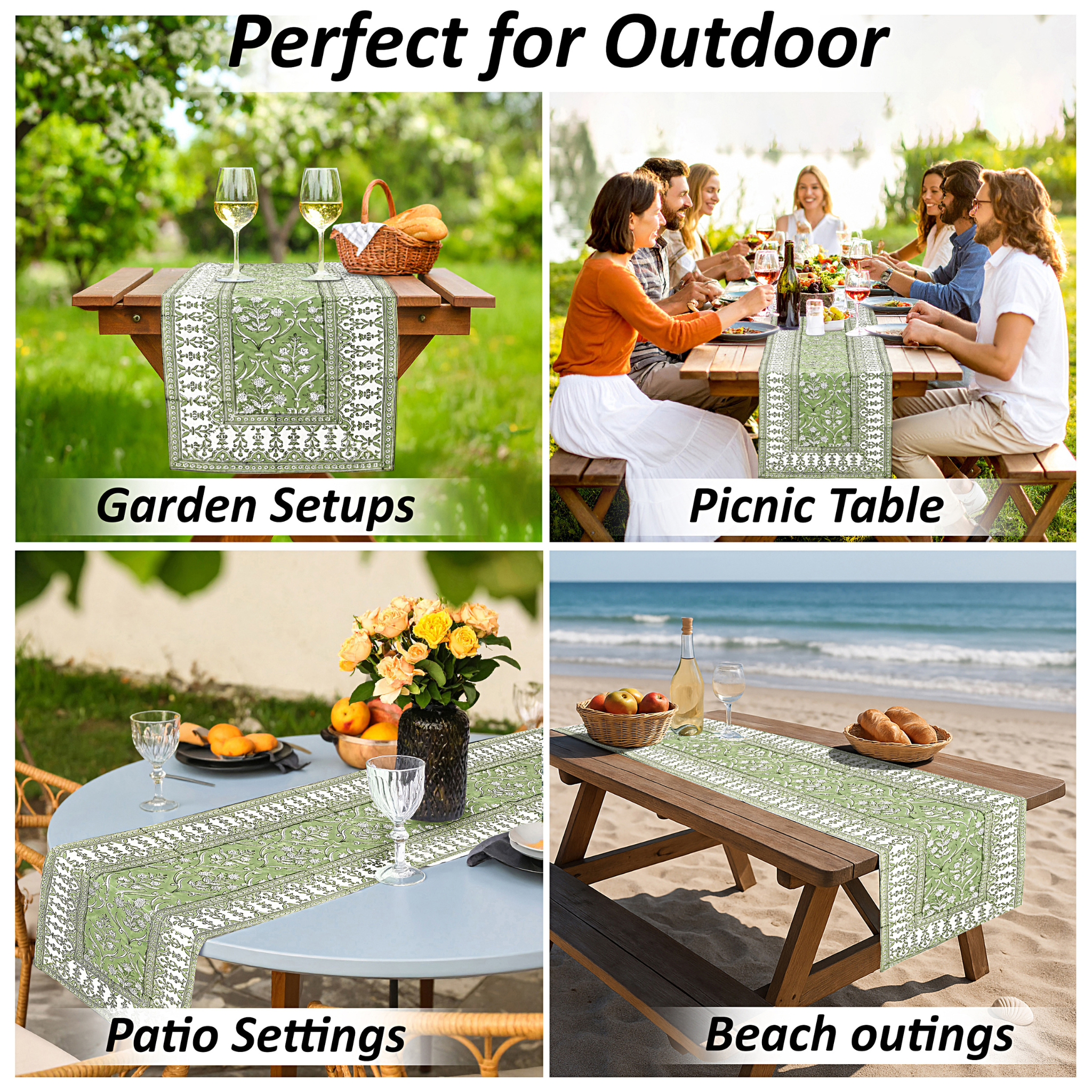 Tablecloth with lace design used in various outdoor settings including garden, picnic table, patio, and beach.