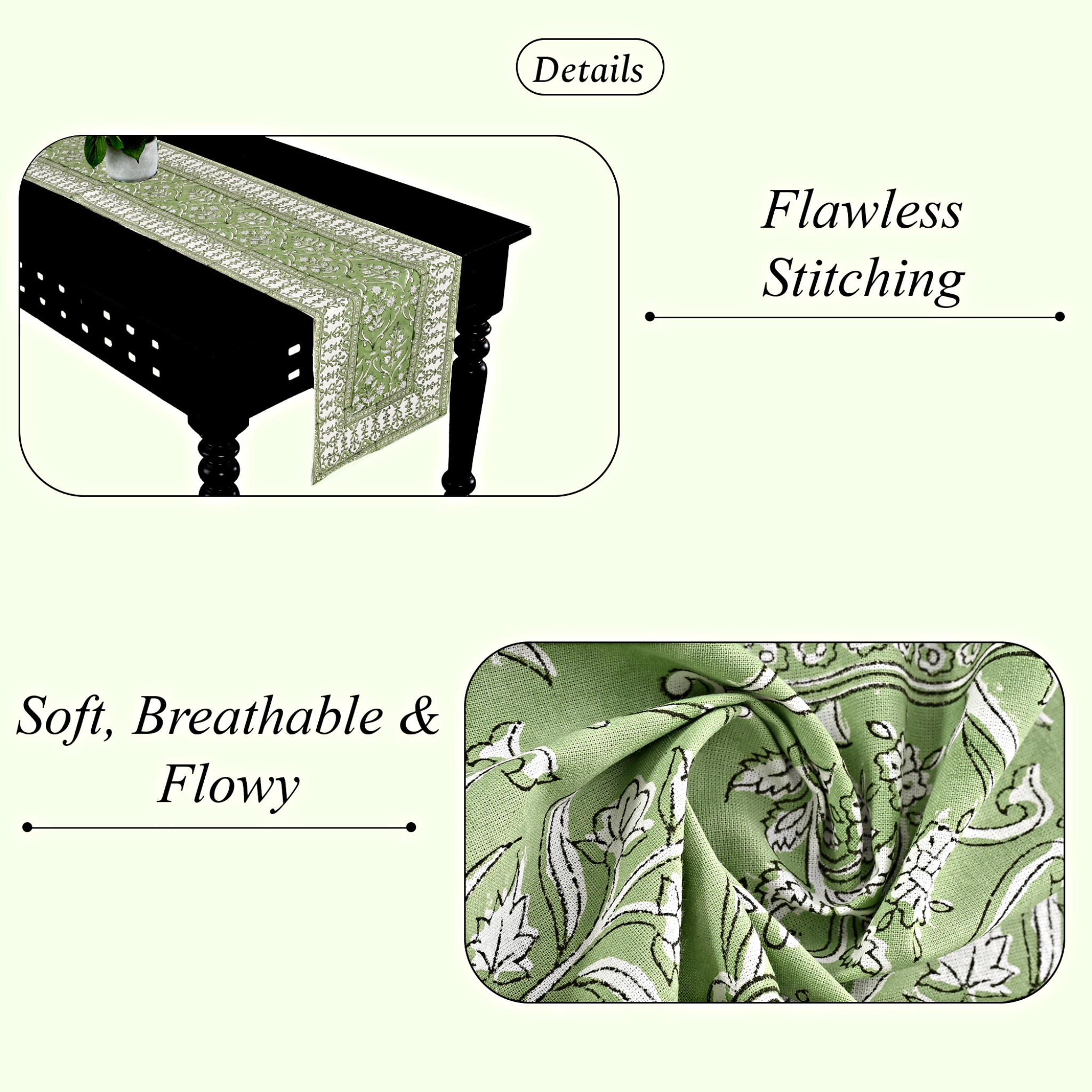 Green patterned fabric with text highlighting 'Flawless Stitching' and 'Soft, Breathable & Flowy'.