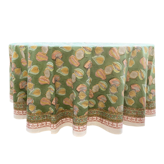 Green tablecloth with floral pattern on a white background