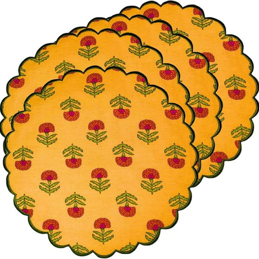 Set of yellow plates with floral pattern on a white background