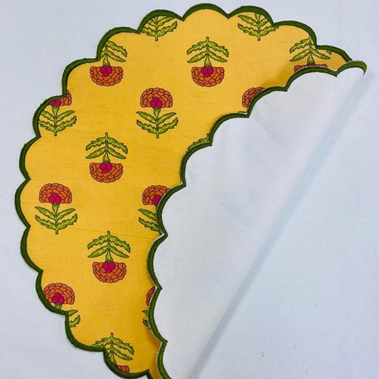 Yellow fabric with floral patterns on a white background