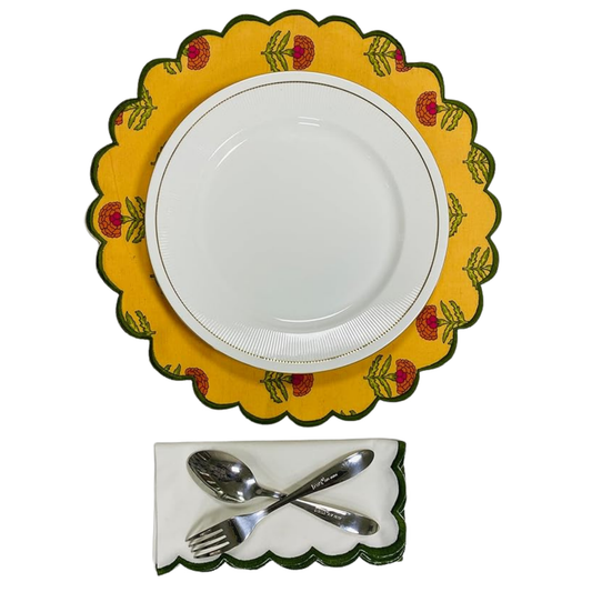 Decorative yellow plate with scalloped edge and floral patterns, featuring a white plate and silverware set on a white background.