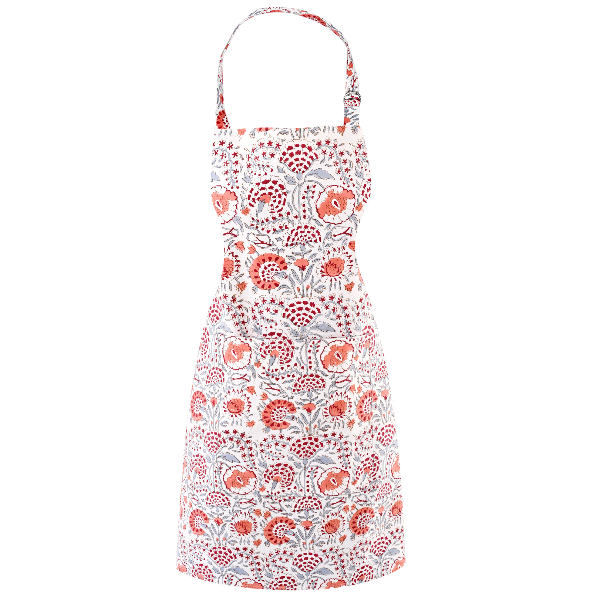 Floral apron with red and white pattern on a white background