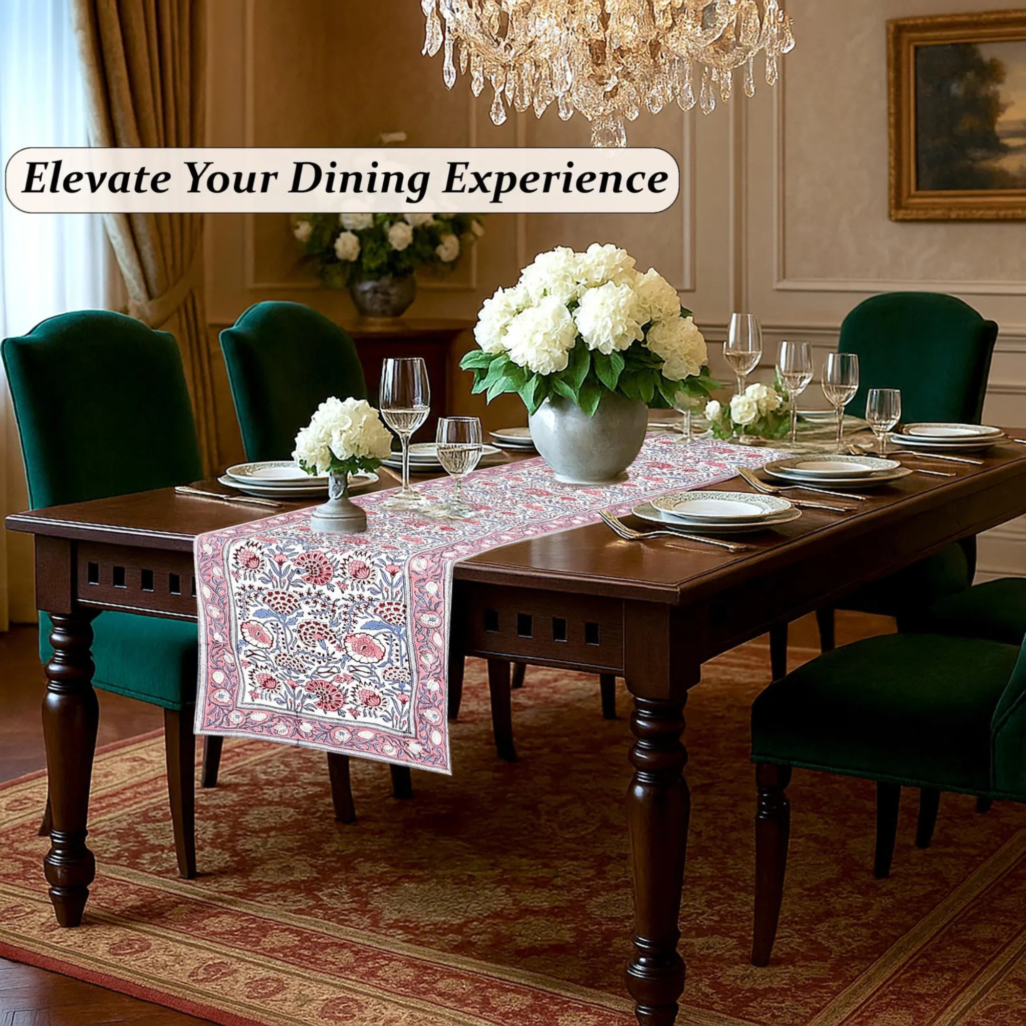 Dining room with a wooden table set for dinner, floral centerpieces, and elegant decor.