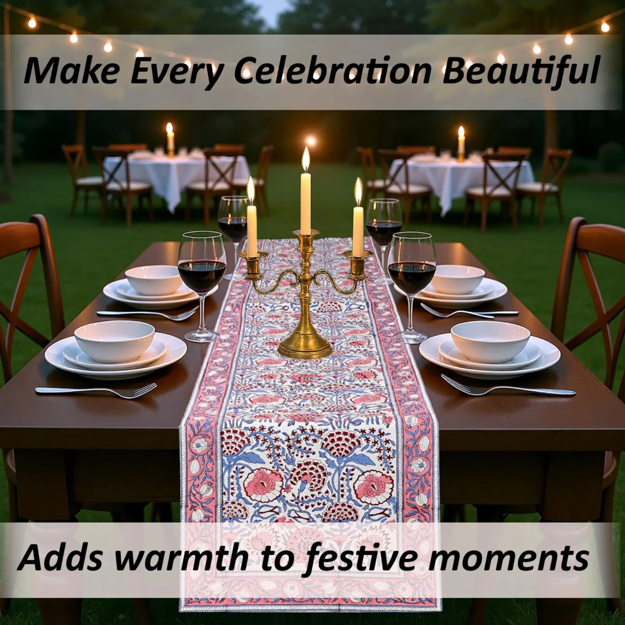 Dining table set with a decorative table runner, candles, and wine glasses outdoors.