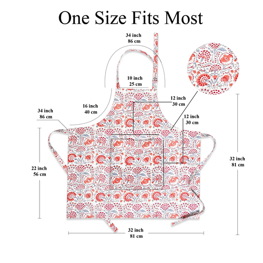 Measurement chart of a floral apron with dimensions labeled.