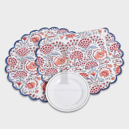 Floral patterned placemat with a white plate on a light gray background