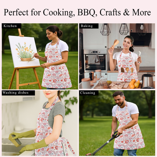 Collage of people wearing aprons in various activities with text 'Perfect for Cooking, BBQ, Crafts & More'.