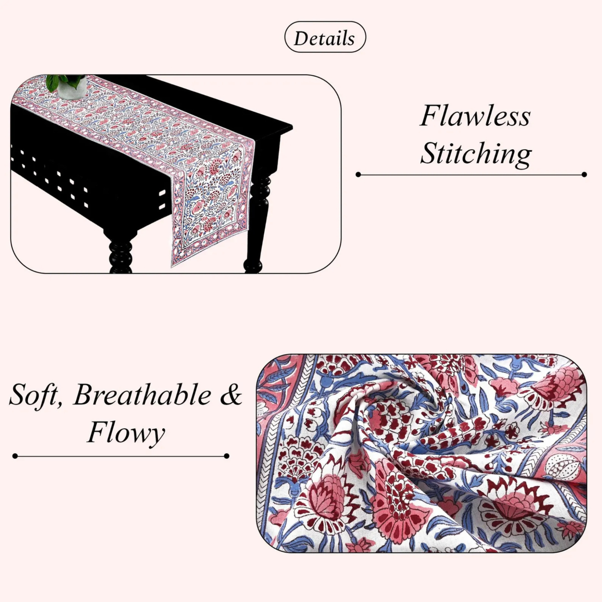 Floral patterned table runner with text highlighting features on a white background