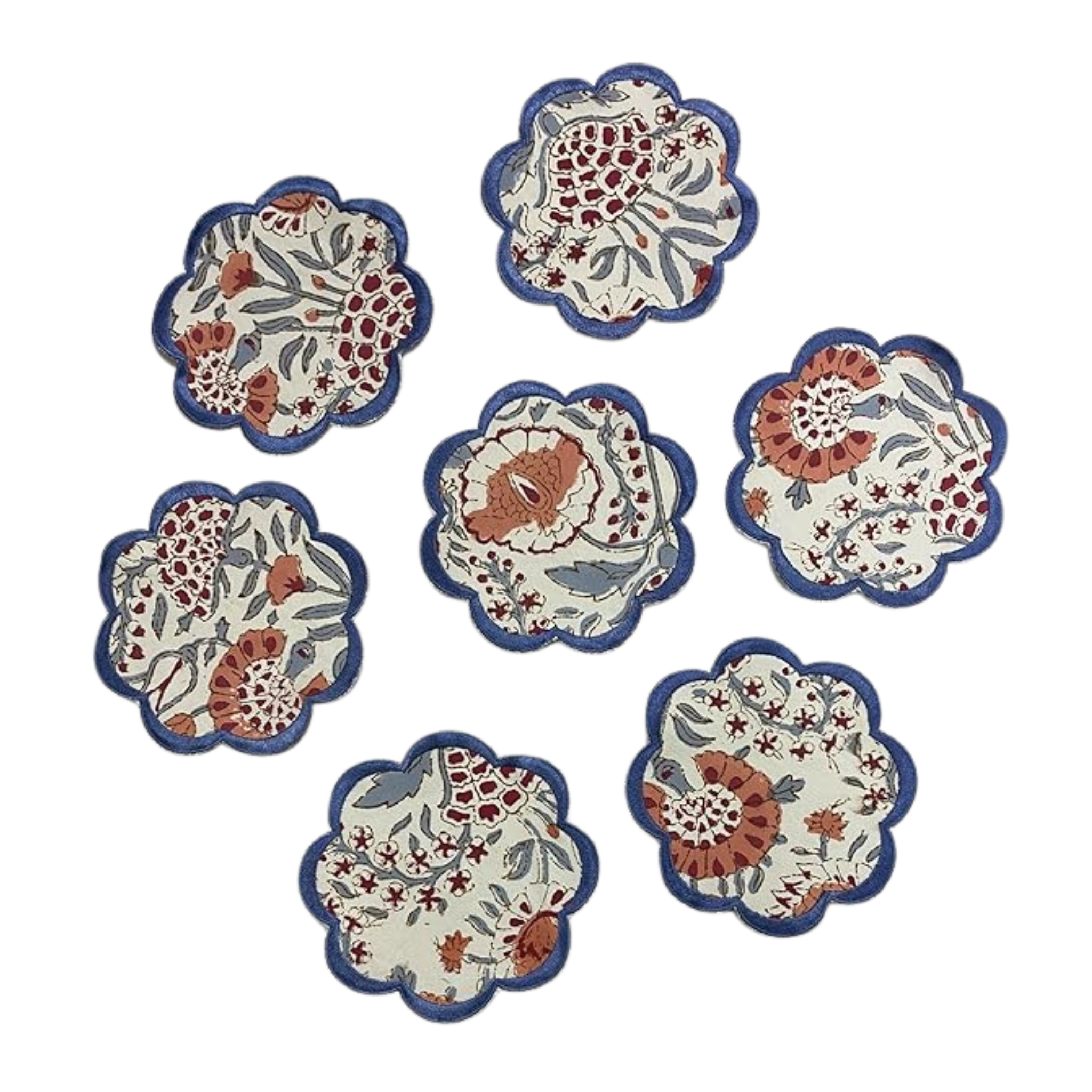 Set of six floral coasters with blue borders on a white background