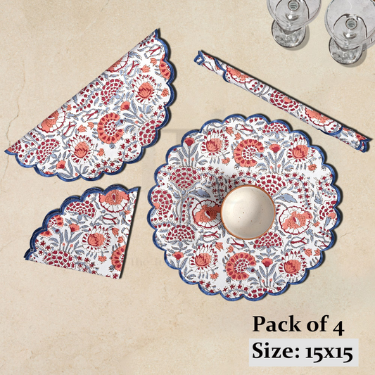 Set of floral placemats and coasters on a beige background with 'Pack of 4' text.