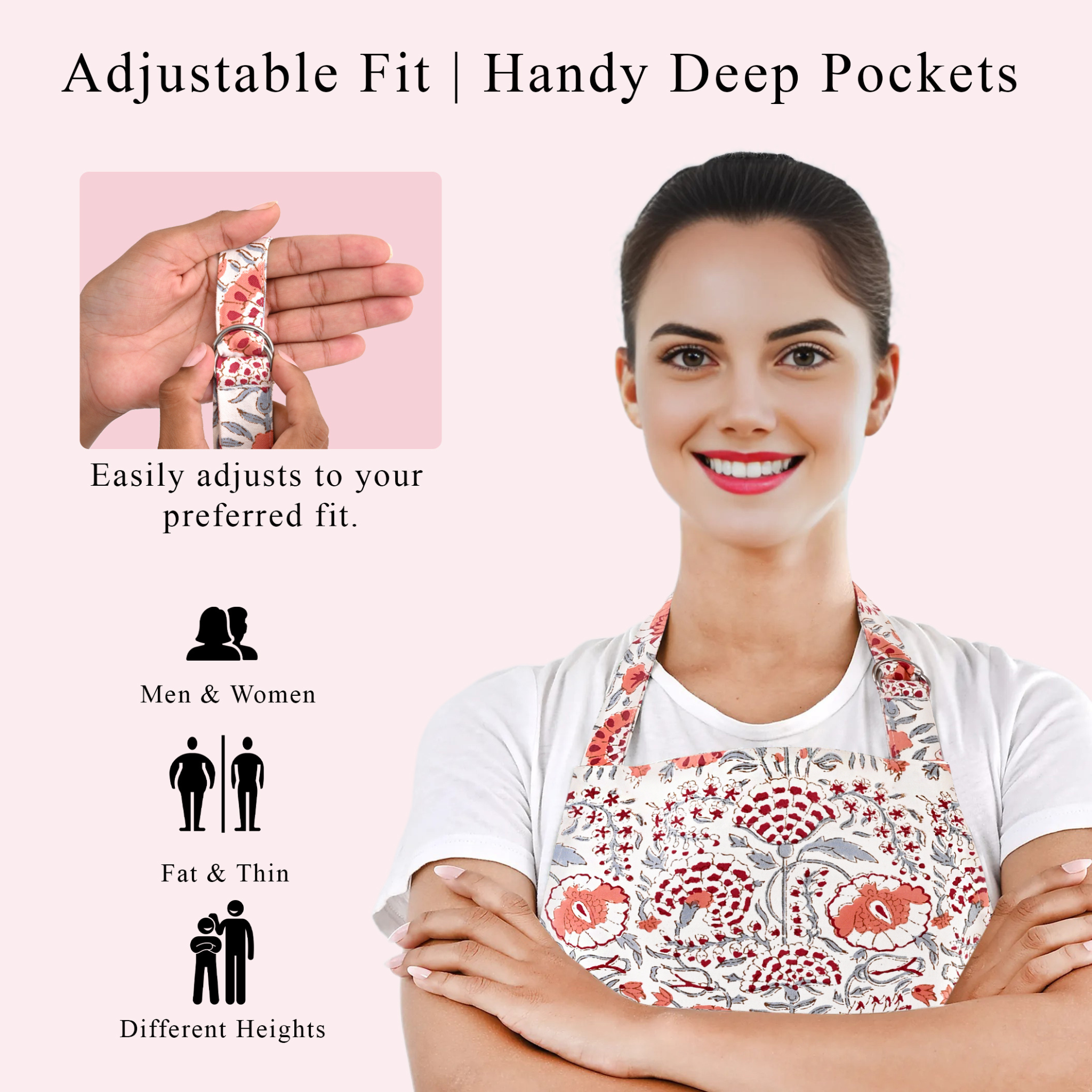 Woman wearing a floral apron with text highlighting adjustable fit and deep pockets.