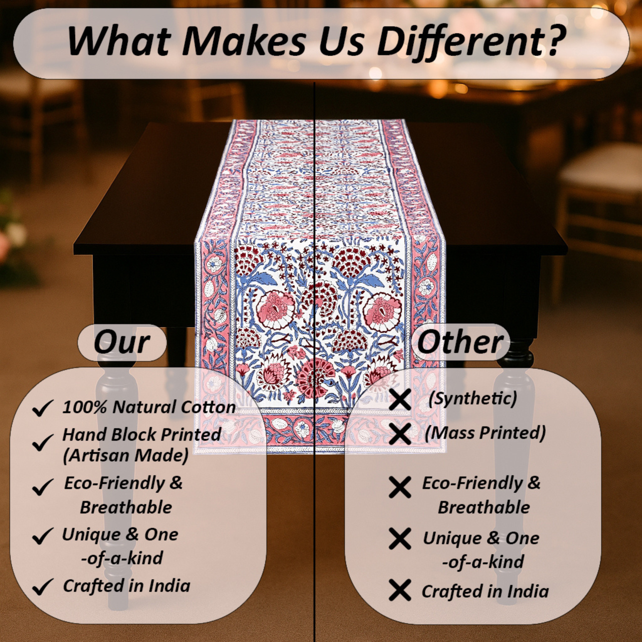 Table runner with floral pattern on a table, comparing natural cotton to synthetic materials.
