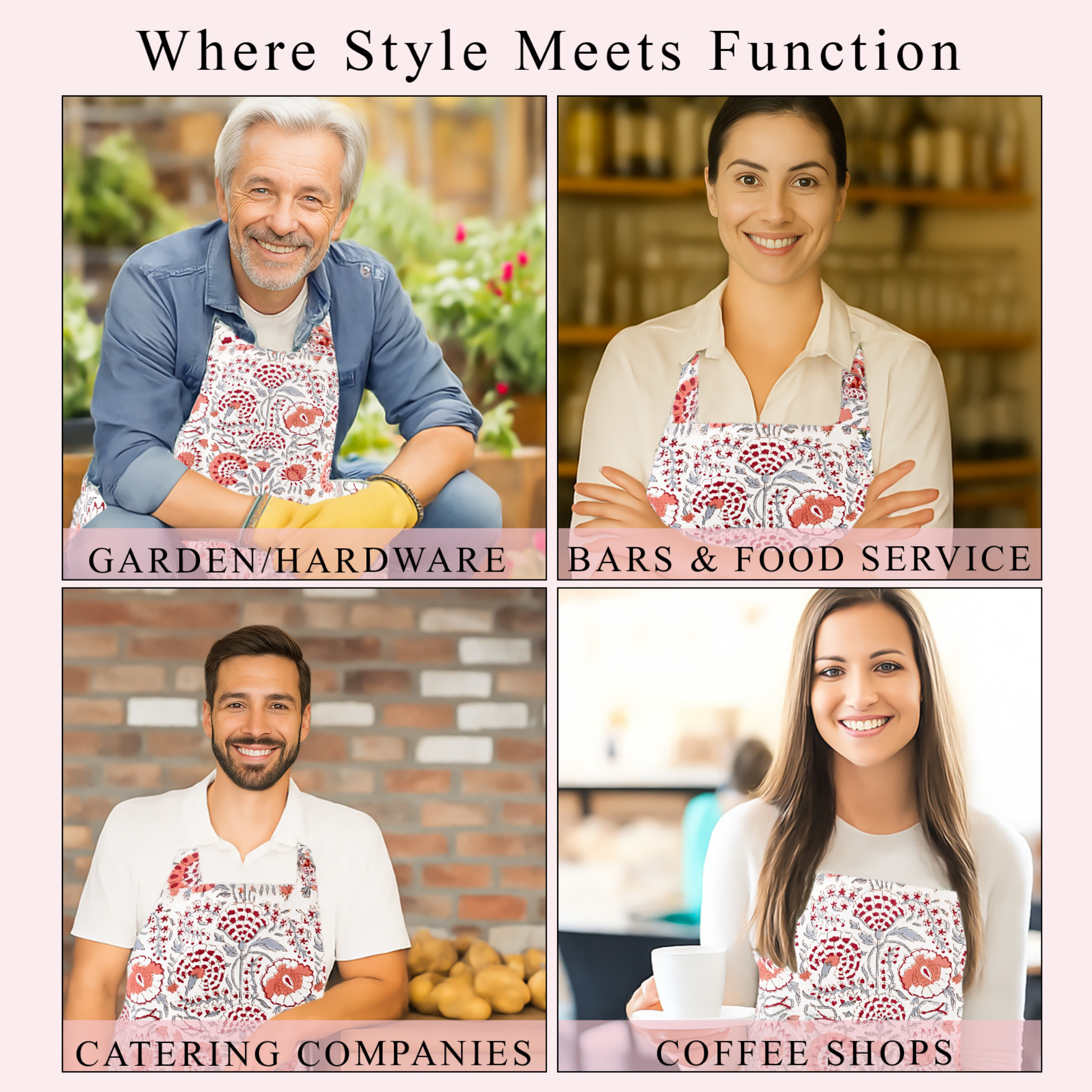 Collage of people wearing aprons with text indicating different industries.
