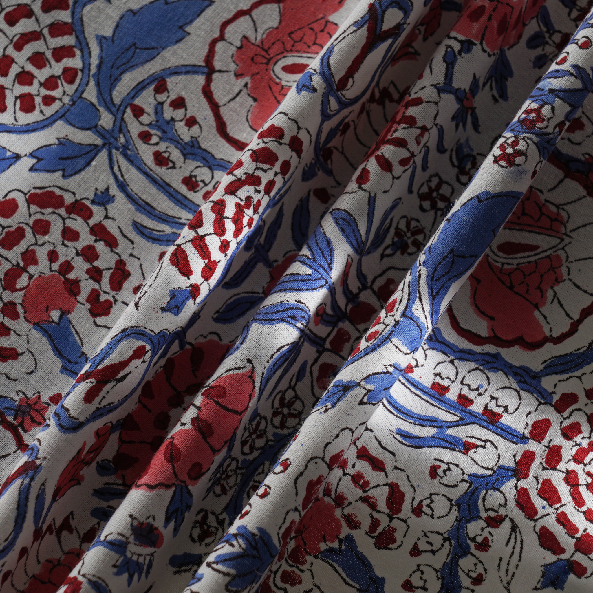 Close-up of fabric with red, blue, and white floral pattern