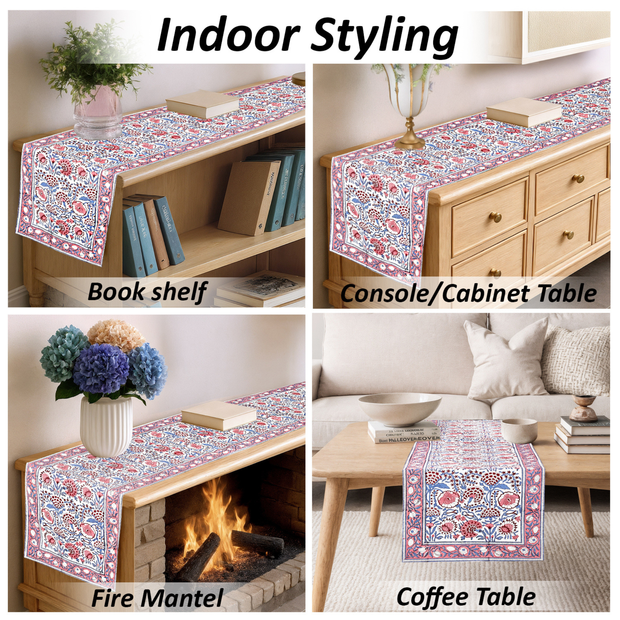 Patterned table runner displayed on various furniture pieces with text 'Indoor Styling'.