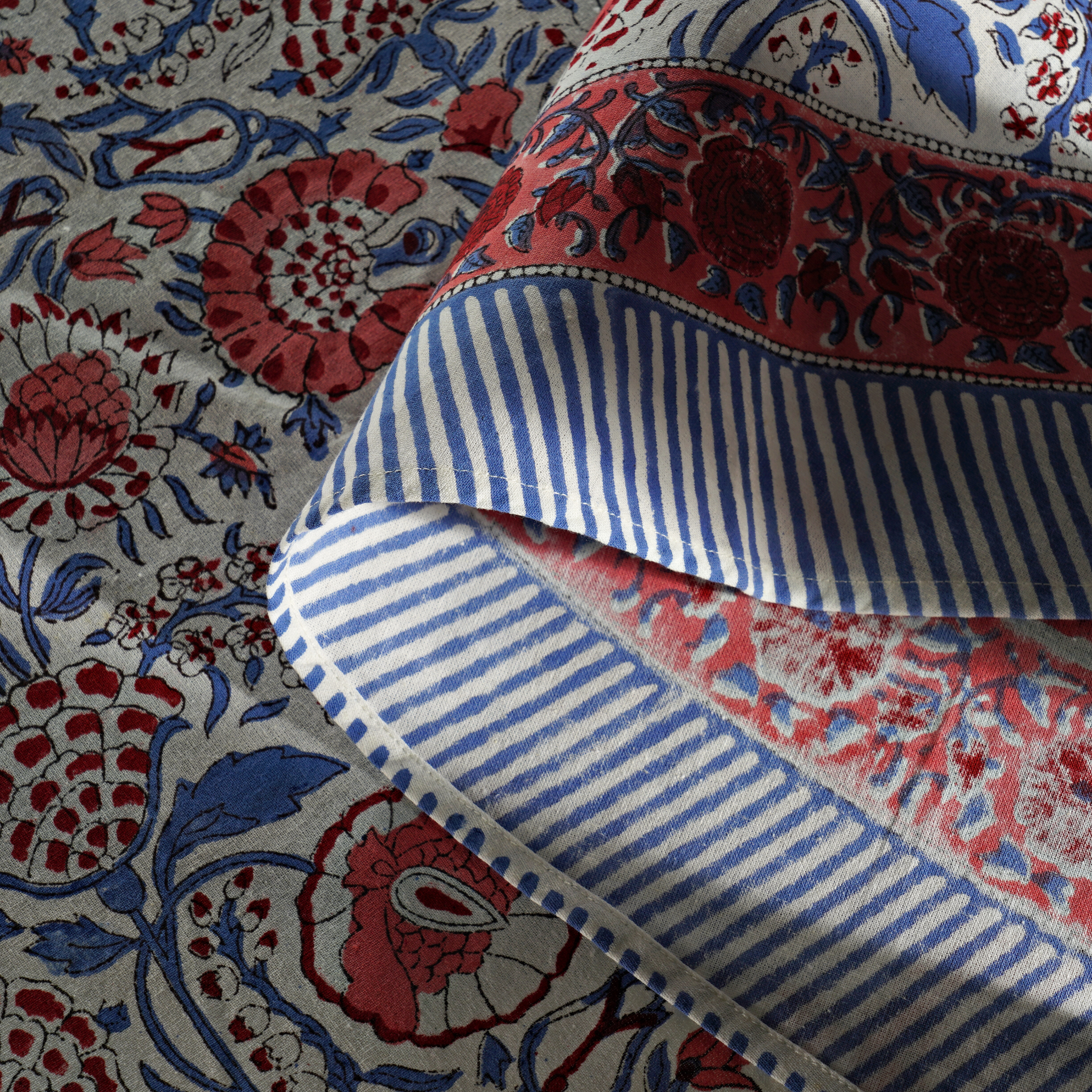Close-up of a patterned fabric with red, blue, and white colors.