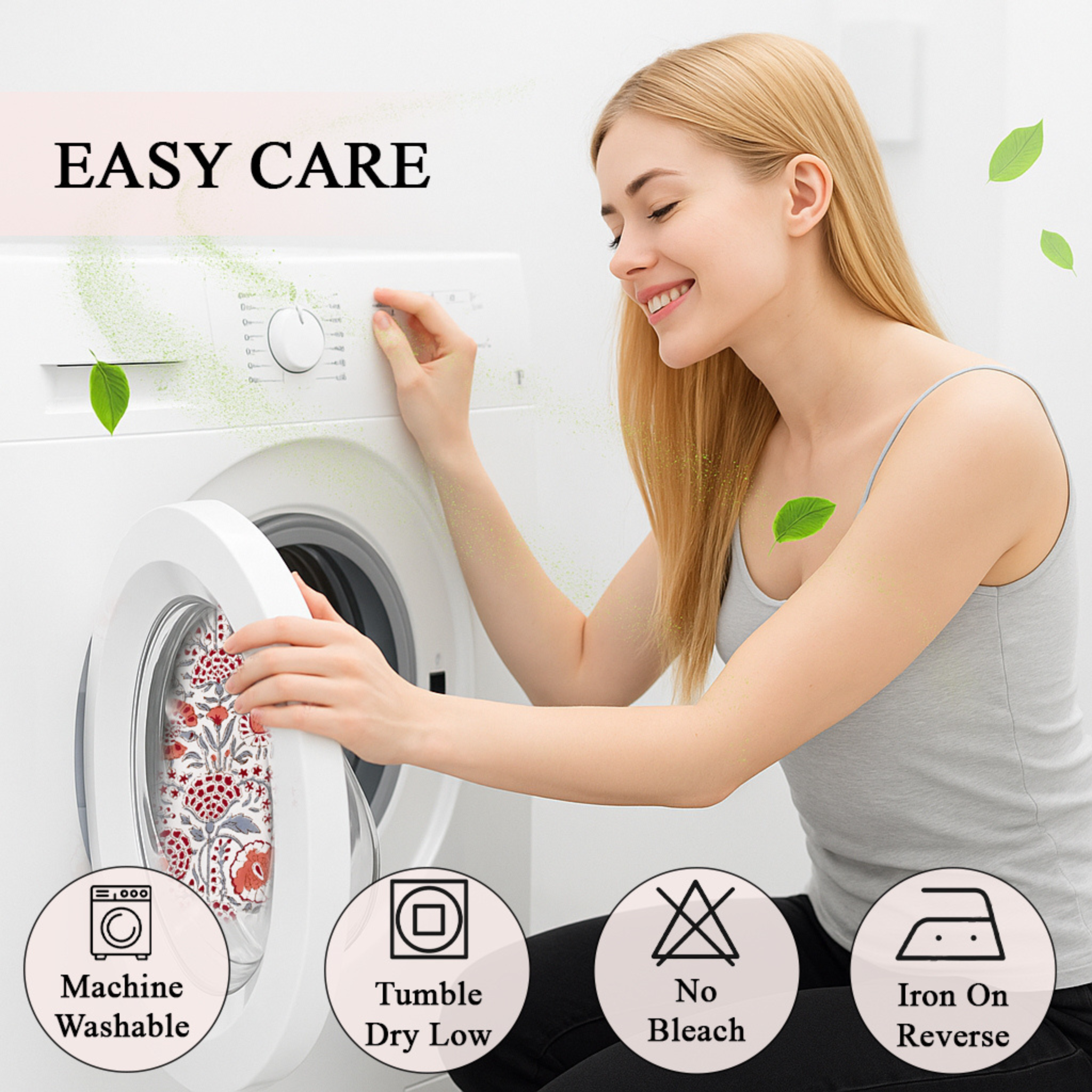 Woman interacting with a washing machine with icons and text indicating care instructions.