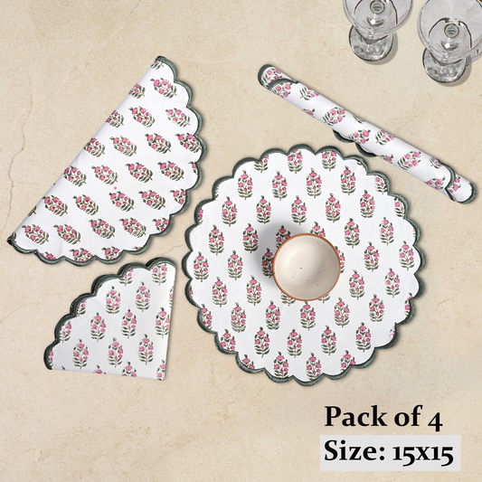 Pack of 4 floral-patterned placemats on a beige background