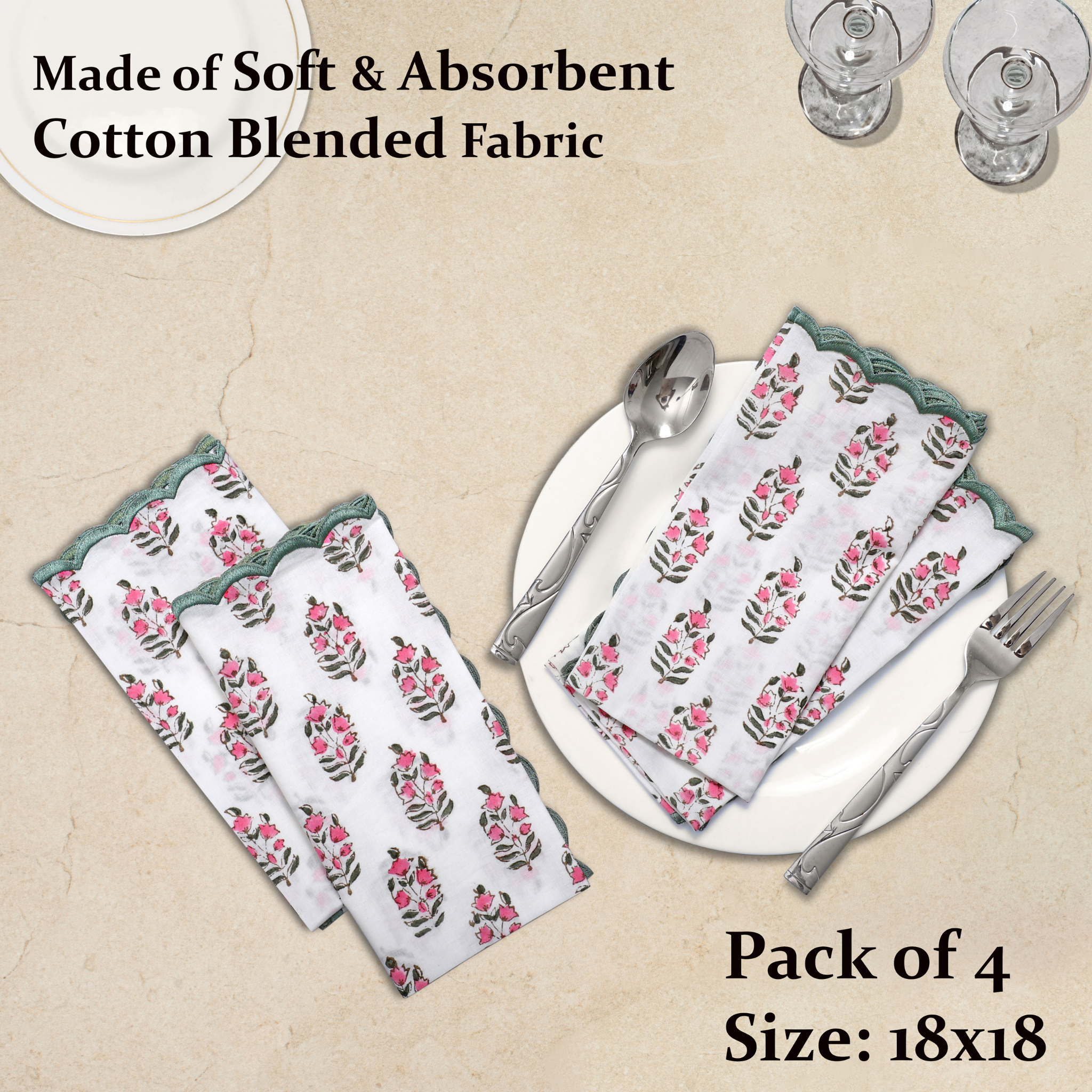 Pack of 4 floral-patterned napkins on a beige background with cutlery.
