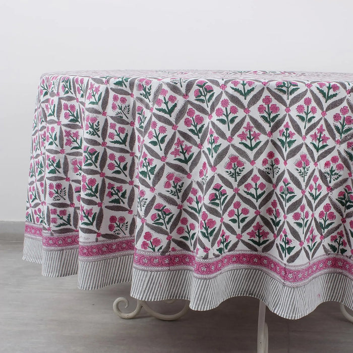 Pink and White Round Tablecloth