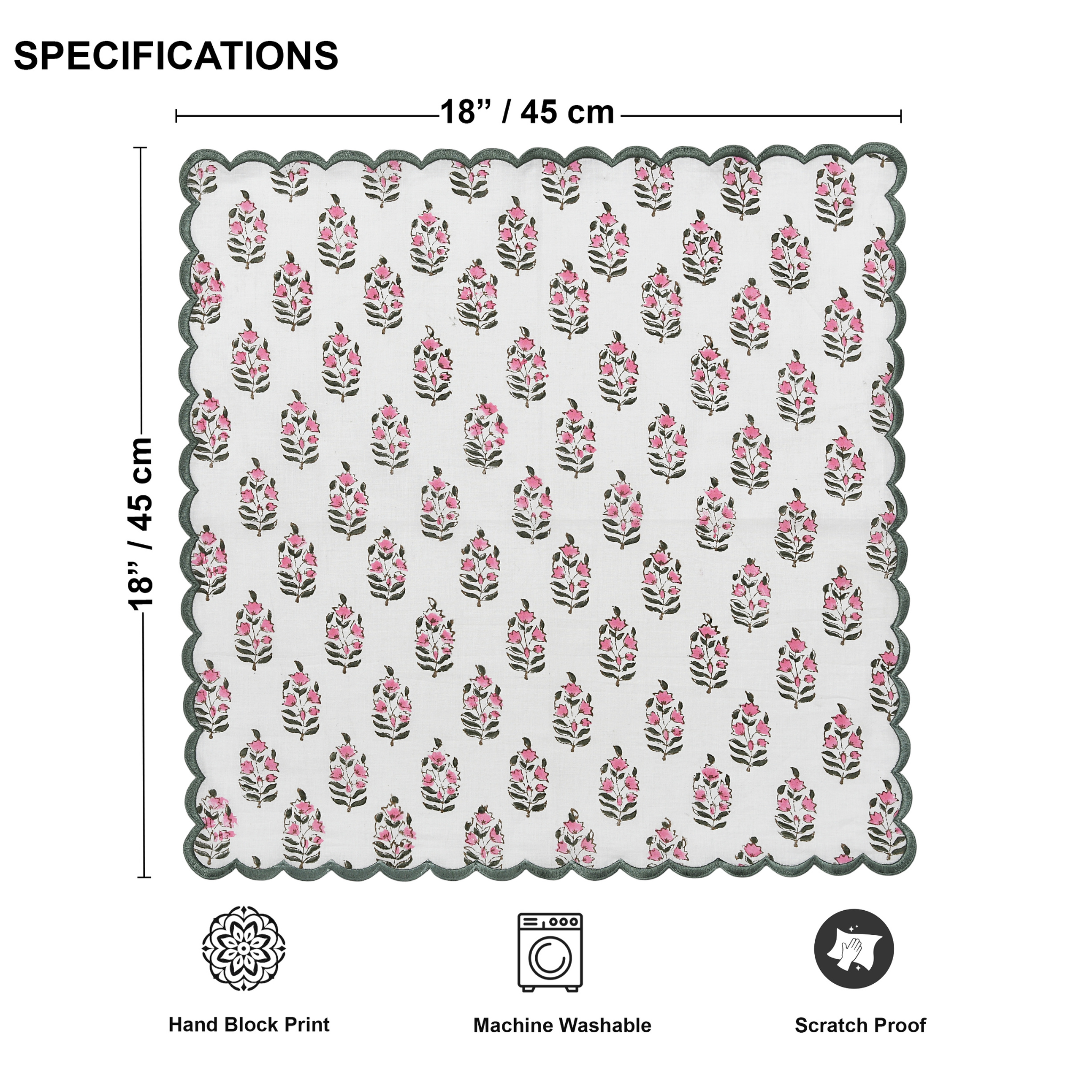 Floral patterned fabric with dimensions and product features on a white background