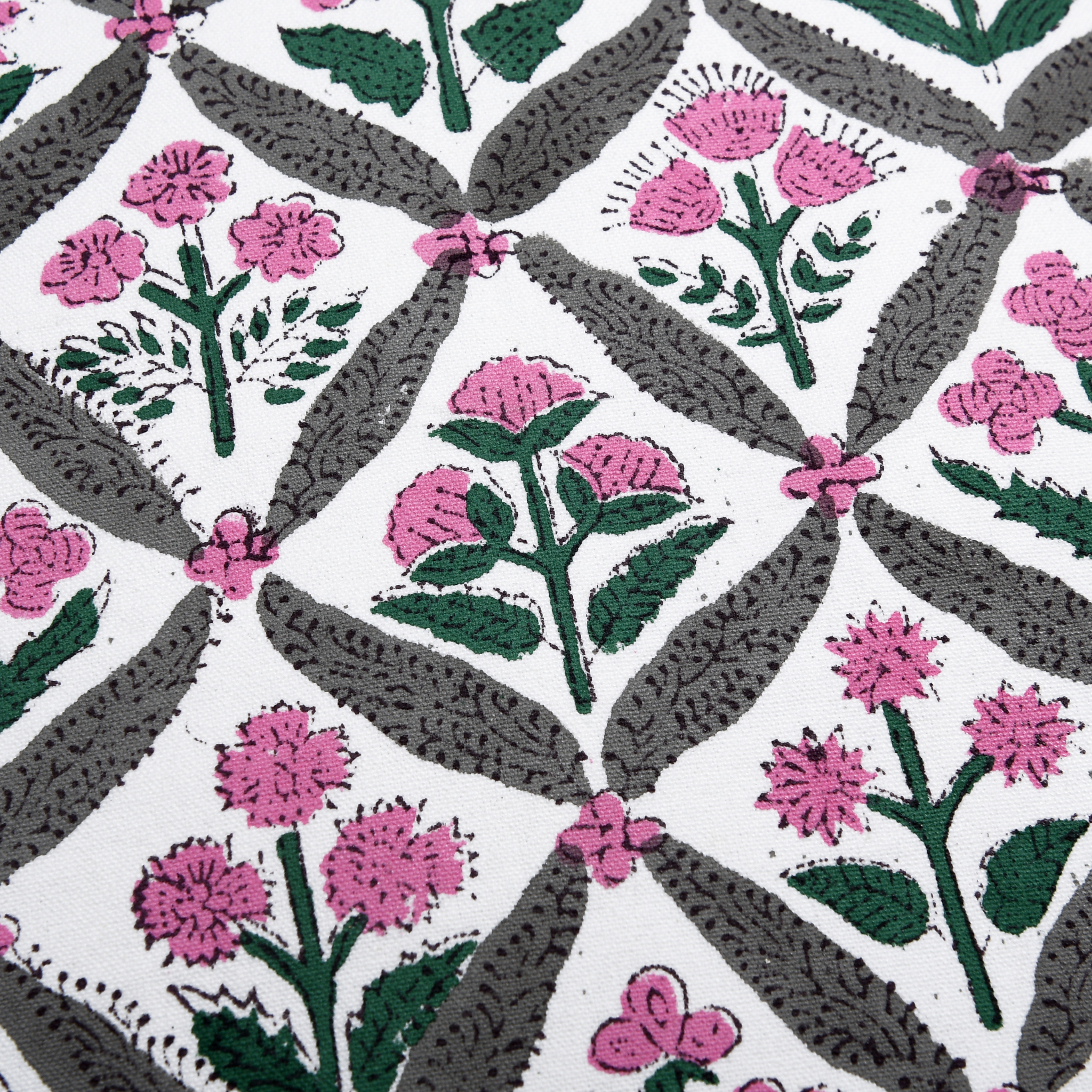Patterned fabric with pink flowers and green leaves on a white background