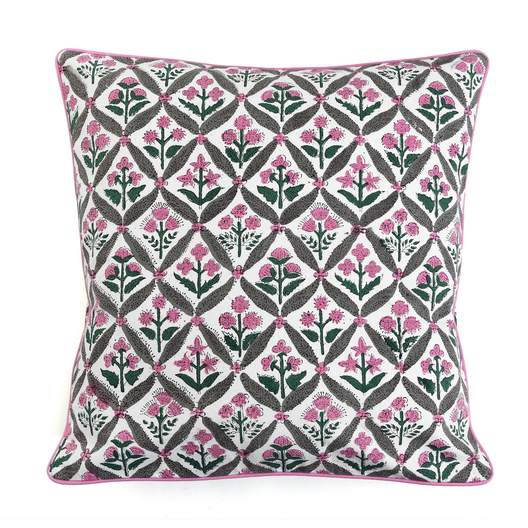 Decorative pillow with floral geometric pattern on a white background