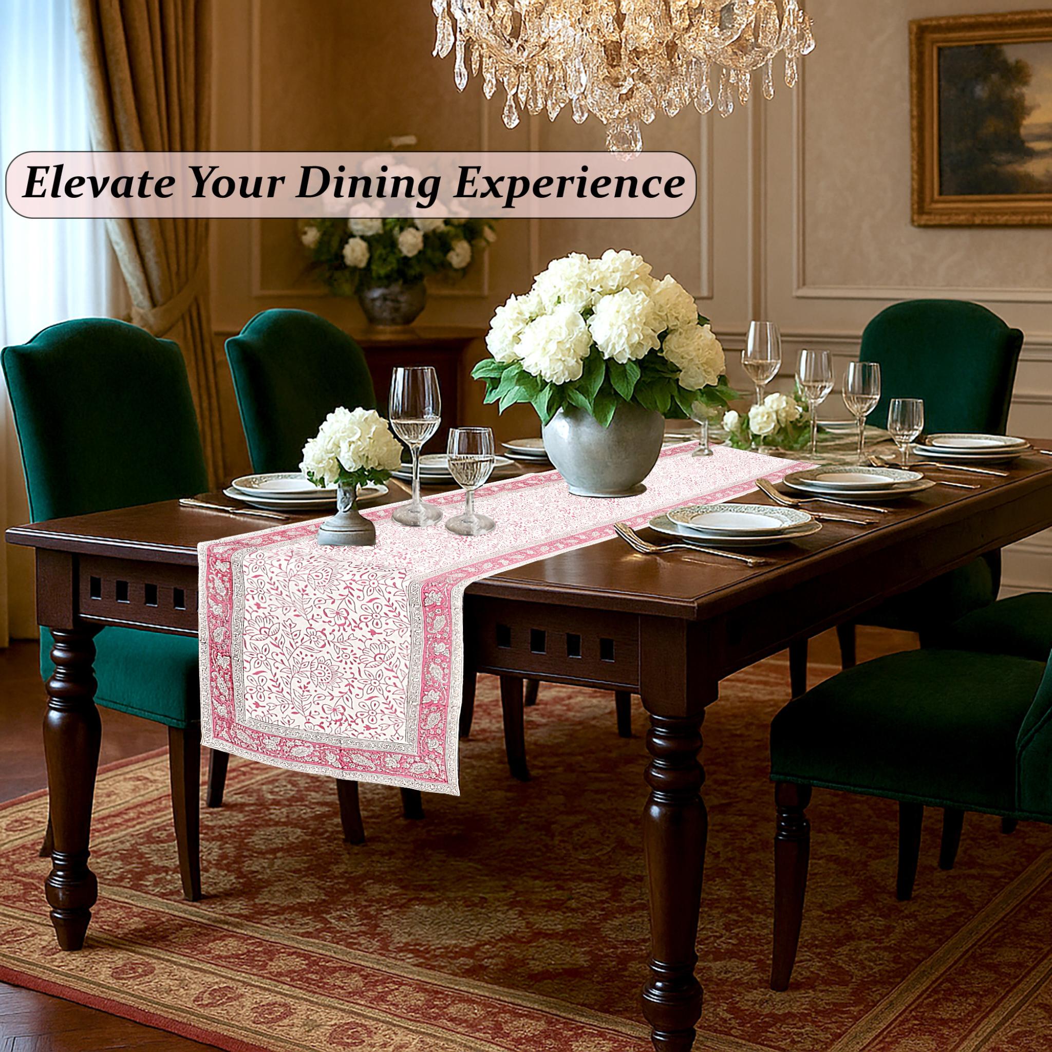Dining room with a table set for dinner, flowers, and a chandelier.