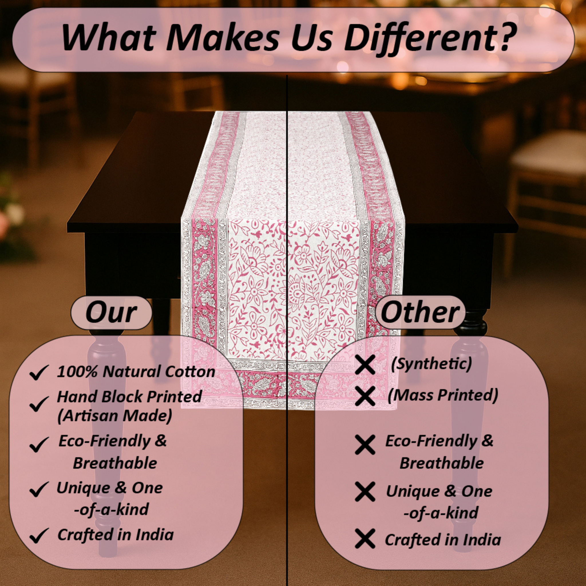 Comparison chart on a table runner with text highlighting differences between 'Our' and 'Other' products.