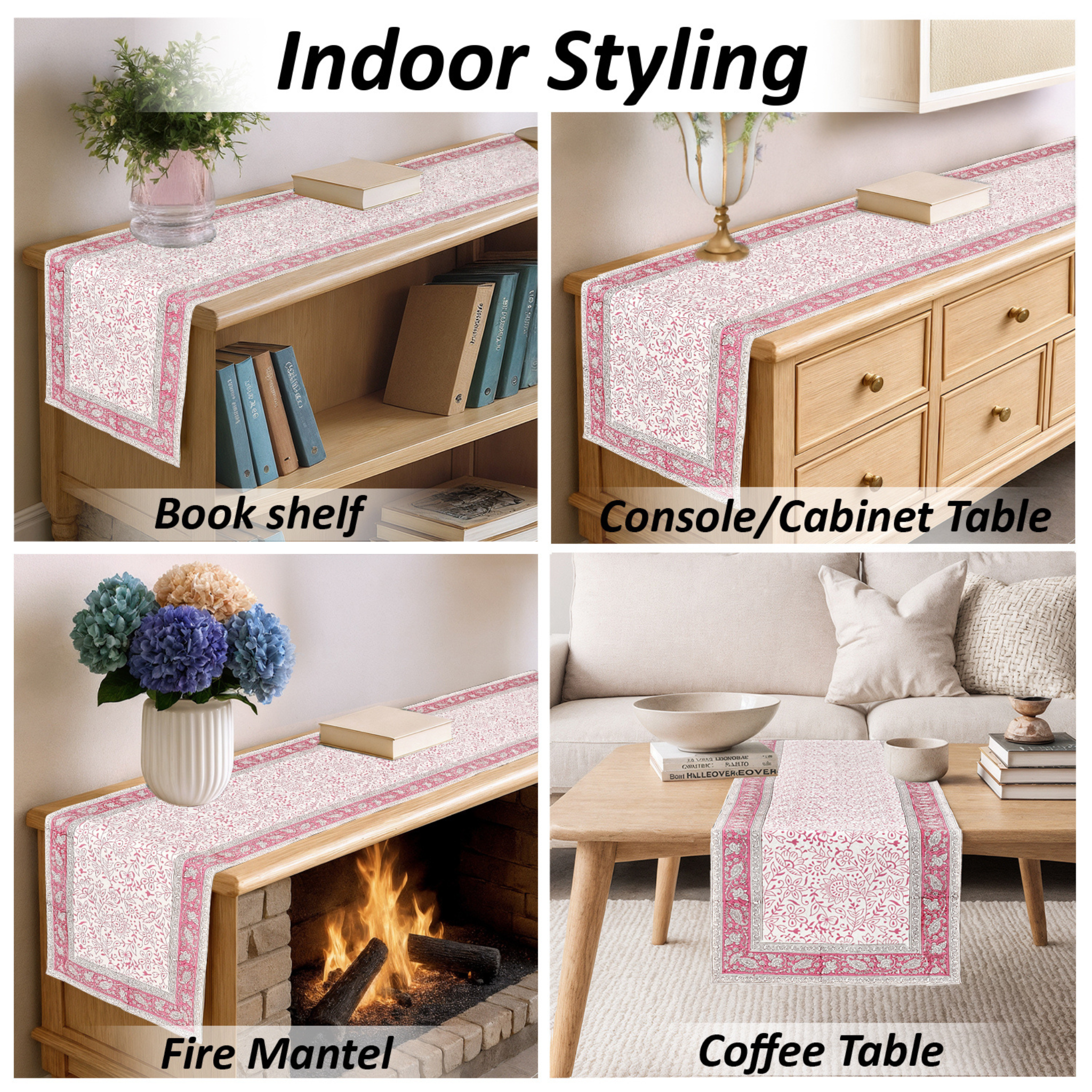 Pink and white patterned table runner displayed on various furniture items with text 'Indoor Styling'.