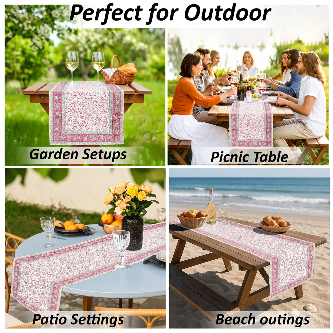 Table runner used in various outdoor settings including garden, picnic, patio, and beach.
