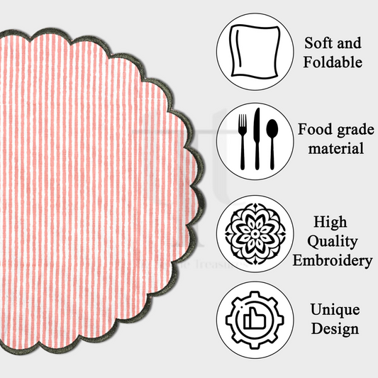 Pink and white checkered placemat with icons and text describing features on a white background