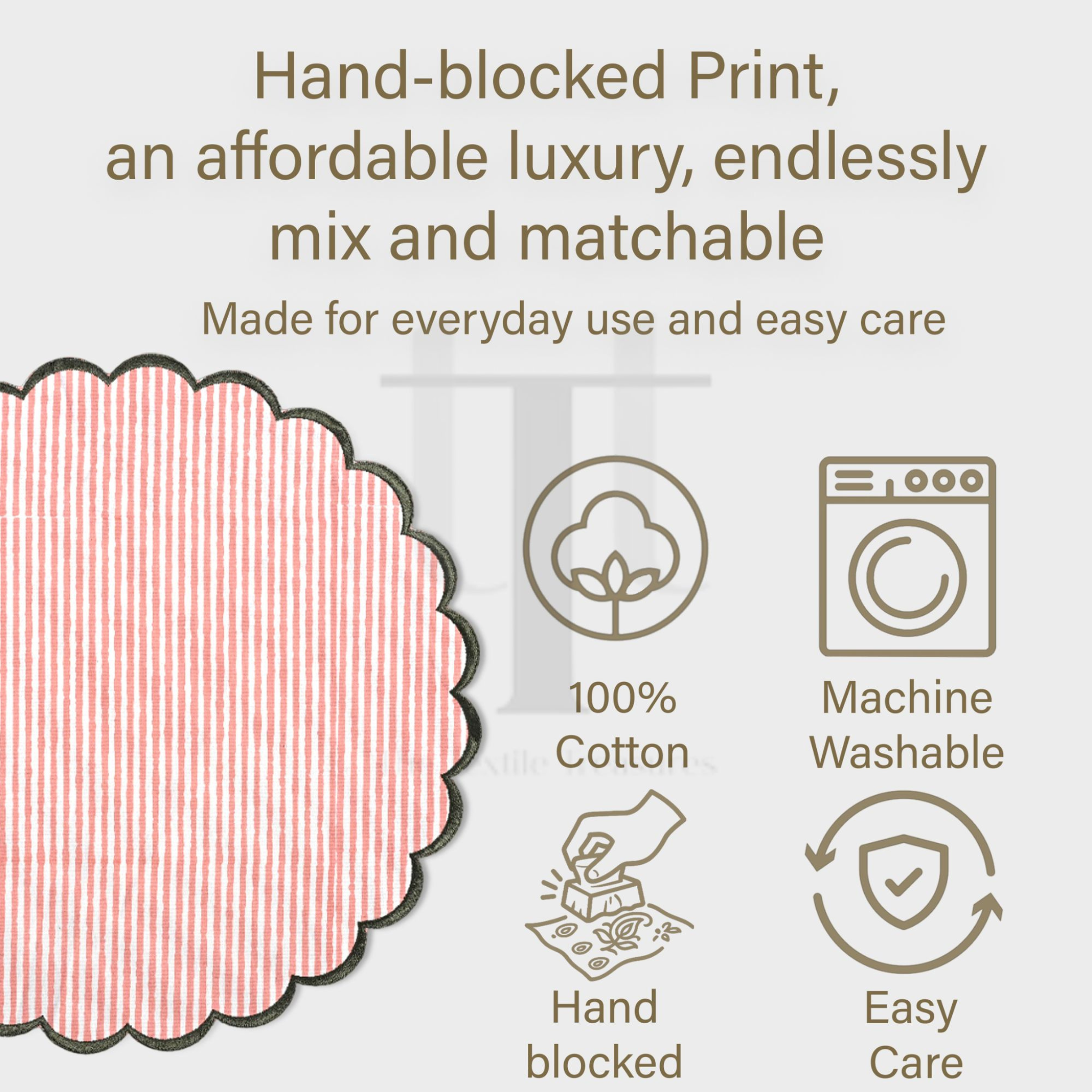 Product advertisement with text about hand-blocked print, 100% cotton, machine washable, hand blocked, and easy care features.