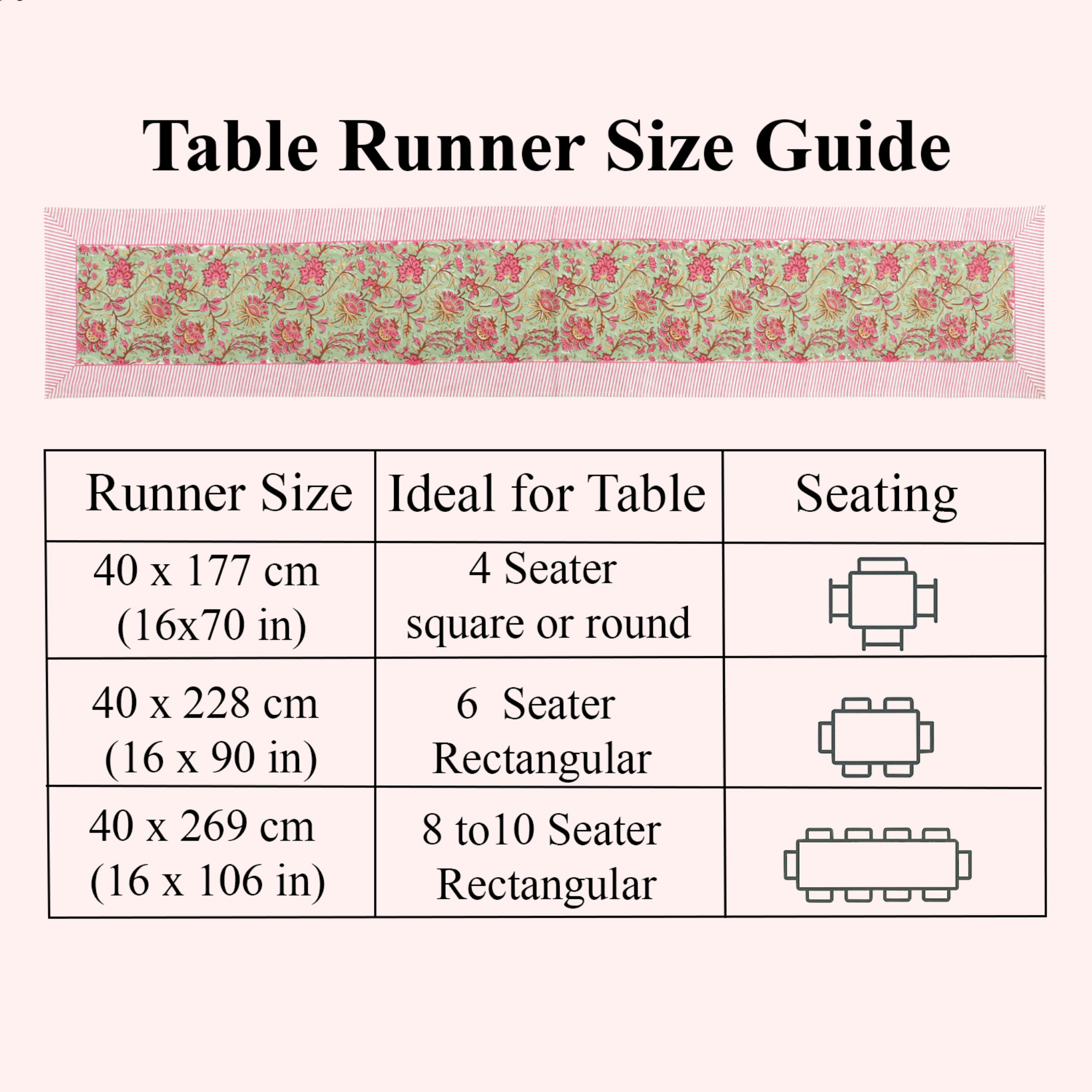 Table runner size guide with floral pattern and table layout illustrations.